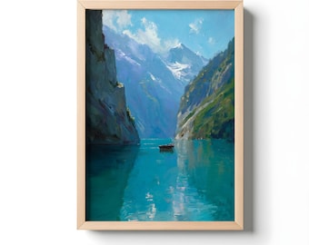 アンティークの山岳湖の油絵、スイスアルプスの風景、署名入り - Etsy 日本