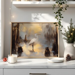 Egret Swamp Art Print: Louisiana Bayou Rustic Oil Painting image 3