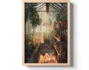Greenhouse Botanical Oil Painting Print, Sunlit Garden Wall Art | Rustic Cottagecore Plant Décor | Vintage Terracotta Artwork