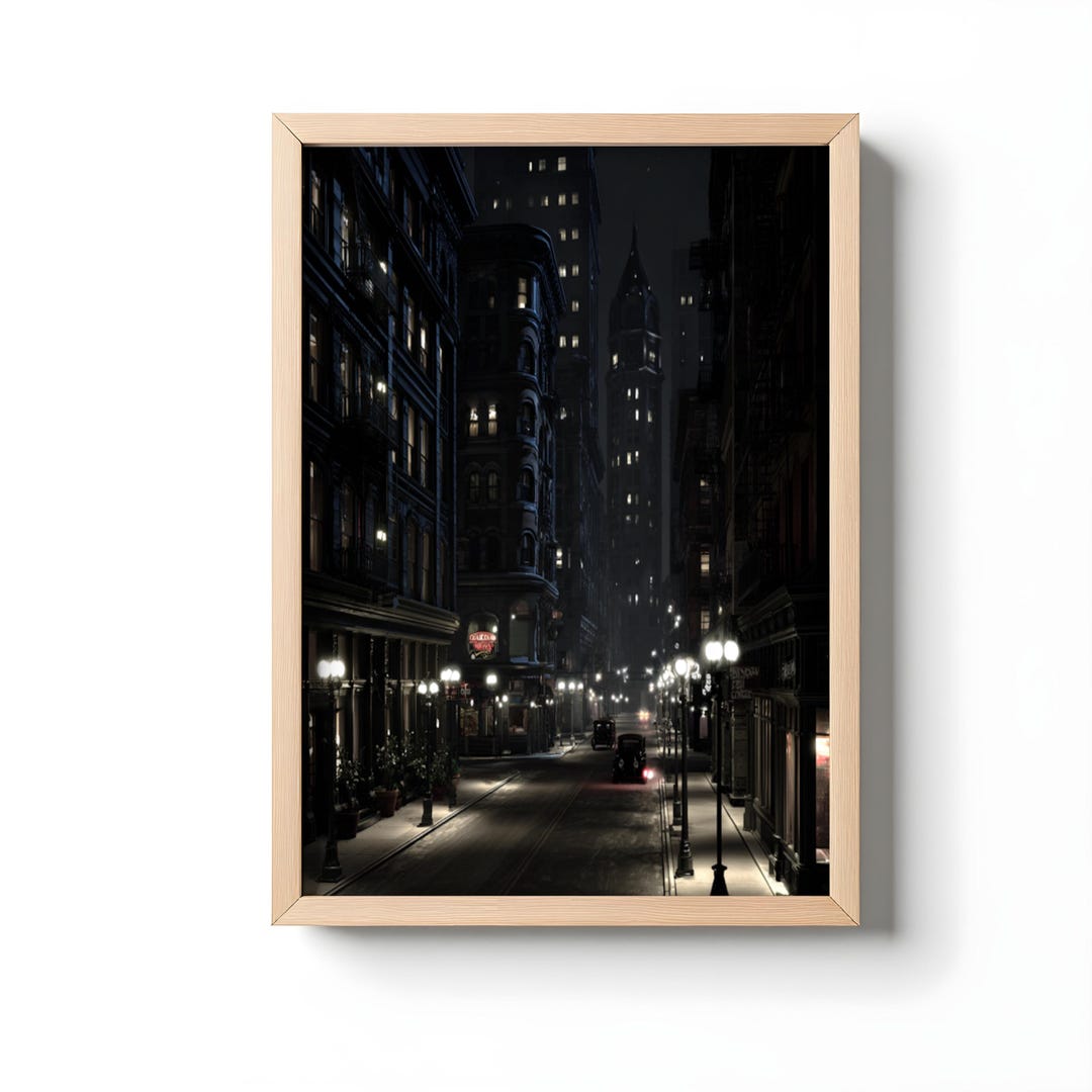 1920s Noir City Wall Art Print, Vintage Midnight Street Scene, Dark ...