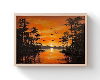Louisiana Bayou Sunset Print: Rustic Southern Swamp Wall Art