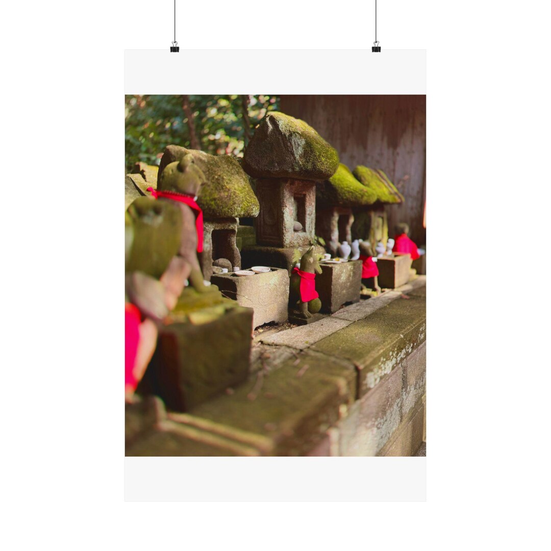 Vertical Japanese Shrine Matte Poster, Red Green Spiritual Nature Moss ...