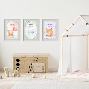 Set de arte mural de animales para bebé: Oso, elefante y zorro imprimibles. Decoración de habitación de bebé con temática de bosque pastel. Descarga digital (A3).