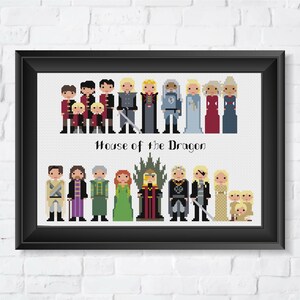 May include: Cross-stitch pattern featuring the characters from the TV show House of the Dragon. The pattern includes the main characters from the show, including Rhaenyra Targaryen, Daemon Targaryen, and Alicent Hightower. The pattern is in a black frame and is ready to be stitched.