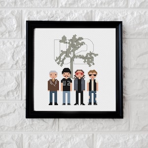 May include: Cross-stitch pattern featuring the band U2, with the band members depicted in pixel art style. The band's name is displayed above the band members, with a stylized tree behind the name.