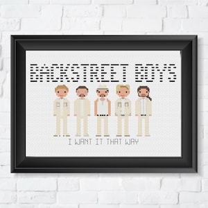 Könnte beinhalten: Ein schwarzer Rahmen mit einem Kreuzstich-Muster, das ein pixeliertes Bild der Backstreet Boys mit dem Text "Backstreet Boys" und "I Want It That Way" zeigt.