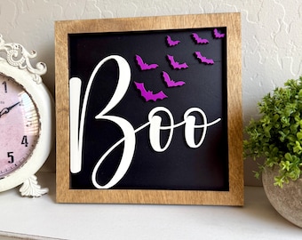 Boo Halloween Sign: Purple Bats, Farmhouse Tiered Tray Decor