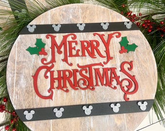 Disney-Inspired Vintage Merry Christmas Sign, Farmhouse Holiday Wall Decor, Rustic Christmas Wood Sign for Disney Fans