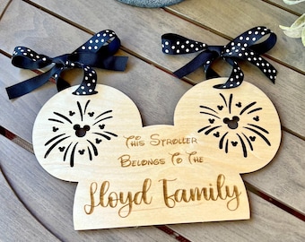 Mouse Ears Stroller Tag, Wood Family Name Stroller Tag, Disney Park Name Tag for Stollers