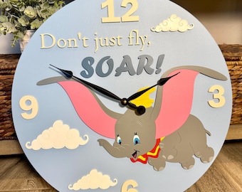Disney Inspired Flying Elephant Wall Clock, Disney Clocks, Kids And Nursery Decor, Wood Home Decor