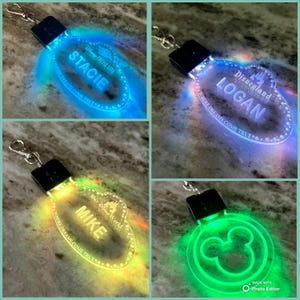 May include: Four light-up keychains with different Disney themes. The first keychain is blue and says "Disney Cruise Line" and "Stacie" with the text "Where dreams come true". The second keychain is blue and says "Disneyland" and "Logan" with the text "Where dreams come true". The third keychain is yellow and says "Walt Disney World" and "Mike" with the text "Where dreams come true". The fourth keychain is green and has a Mickey Mouse silhouette.