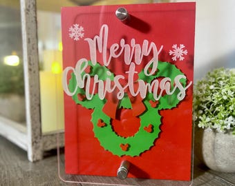 Mickey Inspired Wreath Christmas Shelf Sitter, Red & Green Wood Holiday Sign with Acrylic Overlay, Merry Christmas Disney Decor