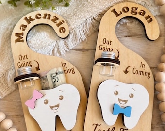 Personalized Tooth Fairy Door Hanger, Custom Name Tooth Holder with Jar and Money Slot,  Kids Tooth Fairy Gift for Boys and Girls