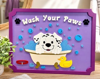 Wash Your Paws Bathroom Sign, Dalmatian Bathroom Decor, Dog Bathroom Wall Art, Colorful Pet Bathroom Sign