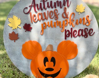 Disney Inspired Autumn Leaves Pumpkin Mickey Sign, Fall Decor, Farmhouse Style