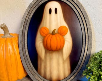 Disney Inspired Pumpkin Ghost Sign, Mickey Pumpkin Ghost, Spooky Cute Halloween Decor, Halloween Signs, Vintage Style Halloween