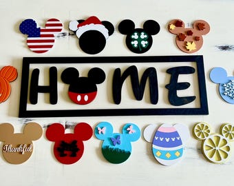 Interchangeable Disney Inspired Home Sign With 12 Seasonal Heads, Seasons Sign, Mickey Head Sign