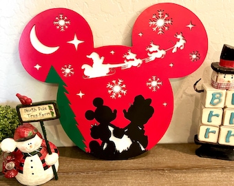 Disney Inspired Mickey Head Christmas Sign, Santa Sleigh Disney Inspired Holiday Decor, Wood Christmas Sign