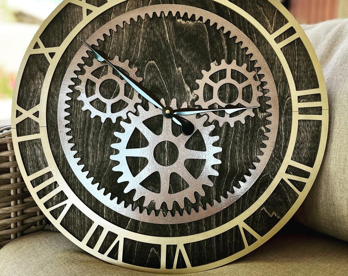 Steampunk Gears Clock, Wood Wall Clock, Large Clock, Mechanical Style Clock