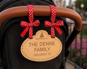 Personalized Wood Stroller Tag, Disney Stroller Sign, Park Name Tag, Laser Engraved Stoller Sign