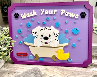 May include: Purple wooden sign with a Dalmatian puppy in a bathtub with blue bubbles and the text "Wash your Paws" in white letters.