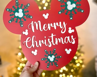 Disney-Inspired Merry Christmas Sign, Mickey Ears Christmas Decor, Holiday Wall Hanging, Blue Snowflake Christmas Sign