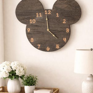 May include: A dark brown wooden wall clock in the shape of a mouse head with gold-colored numbers and hands. The clock is hanging on a white wall. The clock is approximately 18 inches wide.