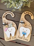 Personalized Tooth Fairy Door Hanger, Custom Name Tooth Holder with Jar and Money Slot,  Kids Tooth Fairy Gift for Boys and Girls