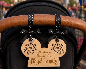 Personalized Mouse Ears Stroller Tag, Wood Family Name Stroller Tag, Stroller Belongs To Name Tag