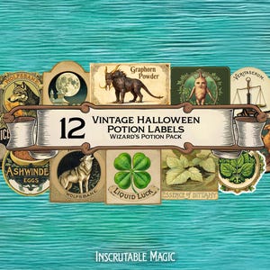 Könnte beinhalten: Eine Sammlung von 12 Vintage-Halloween-Etiketten für Zaubertränke mit Illustrationen von Wölfen, Monden und anderen mystischen Elementen. Die Etiketten sind auf einem türkisfarbenen Hintergrund angeordnet und tragen den Text "Vintage Halloween Potion Labels".