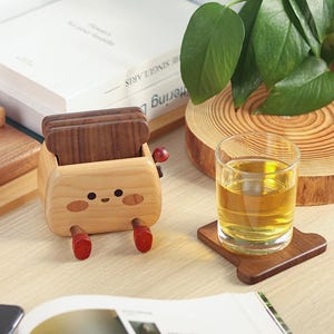 Wooden Toaster Coaster Set - Maple & Walnut Desk Organizer - Phone Stand - Whimsical Kitchen Decor - Unique Housewarming Gift