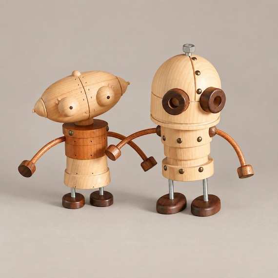 A hand-carved wooden robot straight out of Machinarium — the kind of one-of-a-kind desk sculpture that makes visitors stop and ask 'where did you get that?'