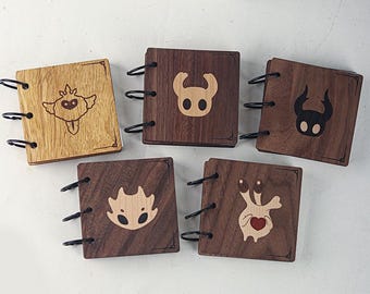 Handcrafted Hollow Knight Journal -  Mini Travelers Notebooks - Engraved Wood Notebook - Unique Gaming Gift - Silksong Fan Art Journal