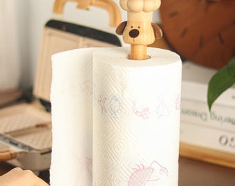 Handmade Wood Dog Paper Towel Holder, Chef Puppy Kitchen Organizer, Black Walnut & Beech Decor, Unique Housewarming Gift for Dog Lover