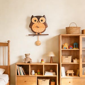 Könnte beinhalten: Eine hölzerne Eulen-Wanduhr mit Pendel hängt über einem Holzregal. Die Uhr hat einen braunen Körper, ein hellbraunes Zifferblatt und schwarze Zeiger. Das Regal enthält einen Teddybären, Bücher und dekorative Gegenstände. Der Raum hat eine warme, einladende Atmosphäre.