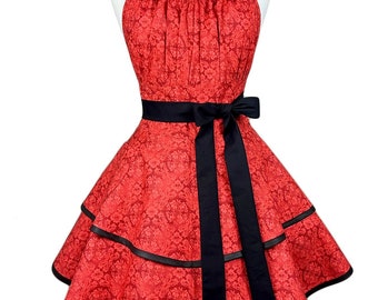 Red Retro Apron - Frilly Skirt, Personalized Gift for Wife