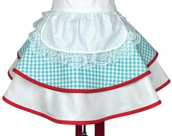 Aqua Gingham Coquette Half Apron – Retro Pinup Ruffled Waist Apron with Lace Trim, Personalized Gift for Her