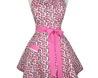 Strawberry Coquette Apron – Retro Ruffled Kitchen Apron with Pocket, Personalized Embroidered Gift for Her