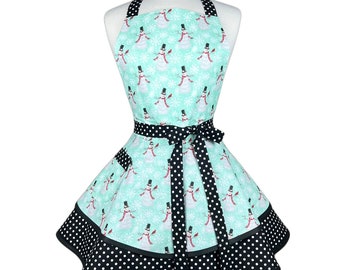 Snowman Apron – Retro Flirty Skirt, Personalized Winter Cooking Gift