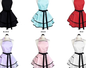 Custom Black Lace Sexy Aprons for Women - Personalized Gift for Girlfriend - Cute Kitchen Apron with Retro Frilly Skirts and Monogram Option