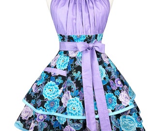 Womens Lavender Floral Apron - Personalized Gift for Wife, Girlfriend - Cute Apron for Cooking - Custom Flirty Apron with Frilly Skirts