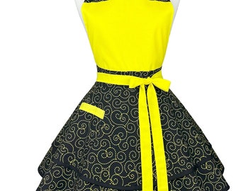 Retro Yellow Kitchen Apron - Custom Embroidered Vintage Apron, Handmade