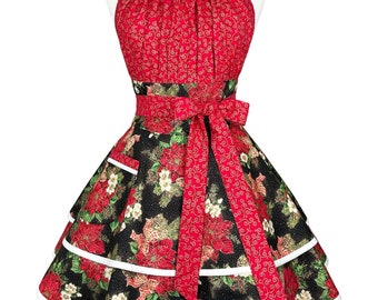 Womens Poinsettia Christmas Apron – Custom Embroidered Hostess Gift