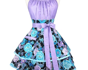 Womens Lavender Floral Apron - Personalized Gift for Wife, Girlfriend - Cute Apron for Cooking - Custom Flirty Apron with Frilly Skirts