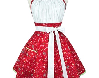 Candy Cane Christmas Apron: Embroidered Cotton Apron with Pockets