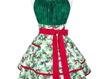 Womens Green Mistletoe Christmas Apron - Personalized Apron Gift for Wife, Girlfriend - Sexy Kitchen Apron with Pockets - Custom Embroidered