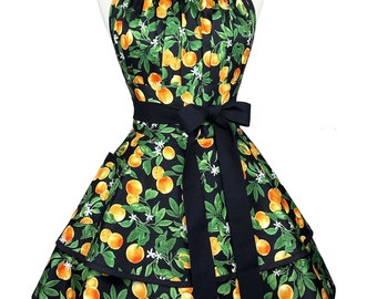 Retro Orange Print Apron – Custom Embroidered Gift, Handmade Cotton