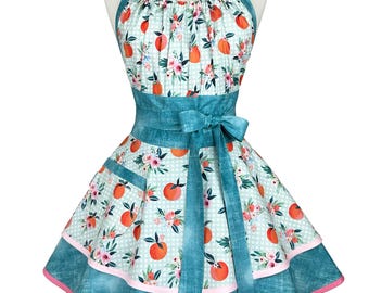 Floral Retro Apron - Orange Print, Custom Embroidered Gift