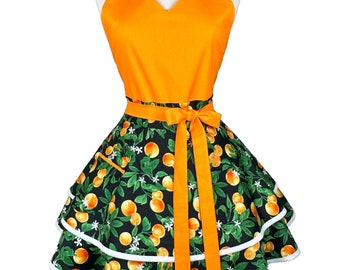 Sweetheart Orange Apron: Flirty Hostess Kitchen Apron, Custom Embroidered