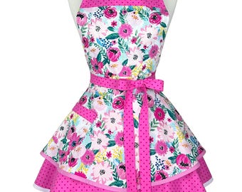 Pink Floral Retro Apron: Custom Embroidered Vintage Kitchen Gift